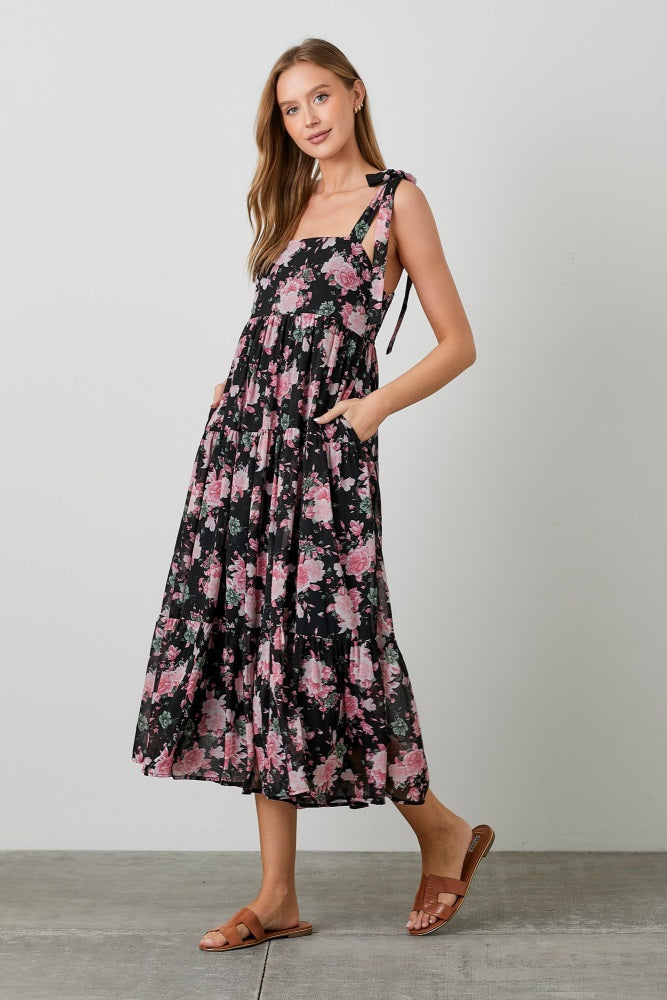 Black Floral Print Tie Strap Midi Dress Black Floral Print Tie Strap Midi Dress