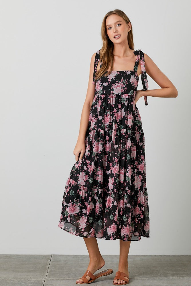 pink and black midi dress Contrast Trim Cut Out Sleeveless Bandage Square Neck, Zayna Floral Midi Dress in Black/Pink, Size S, For Cocktail