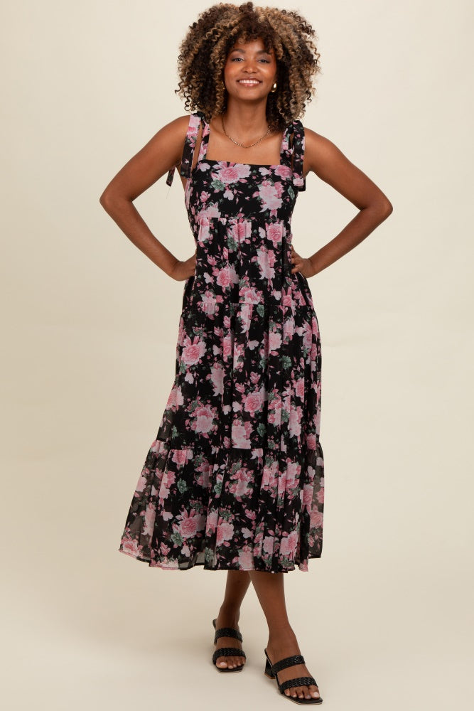 Black Floral Print Tie Strap Midi Dress PinkBlush Black Floral Print Tie Strap Midi Dress PinkBlush