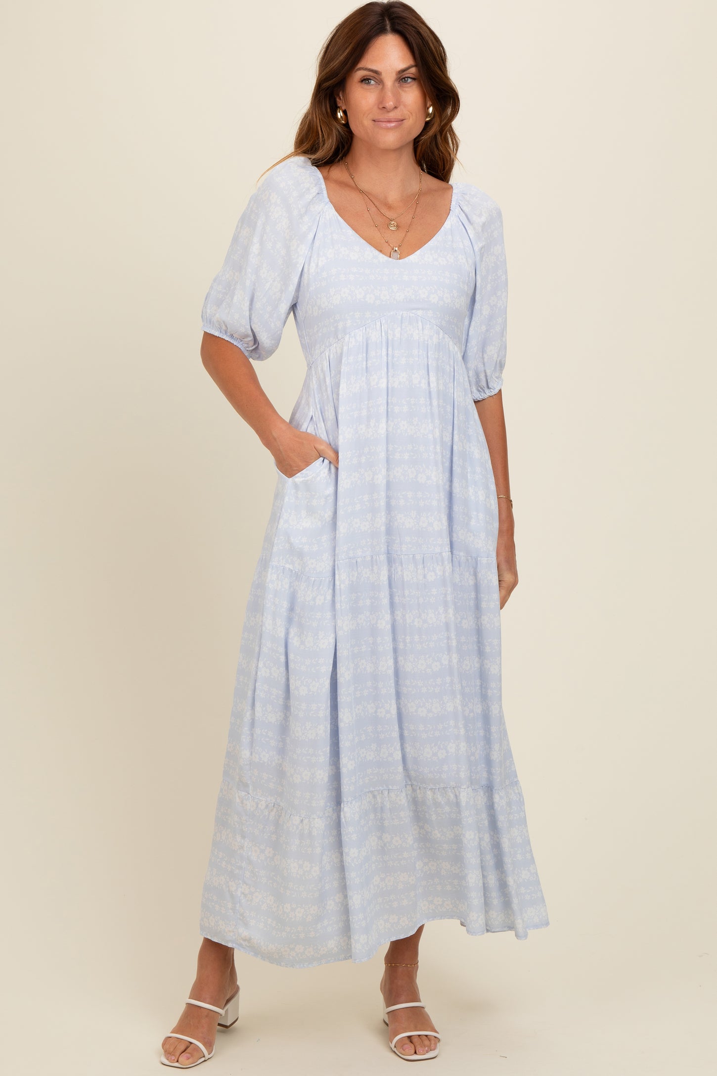 Light Blue Floral Tiered Maternity Maxi Dress