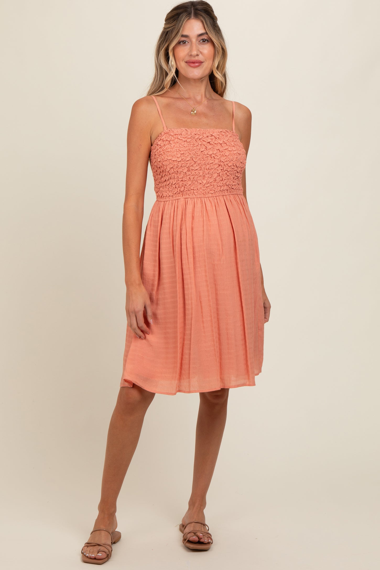 Salmon Textured Smocked Maternity Dress