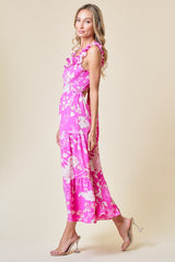 Pink Ruffled Square Neck Floral Midi Dress