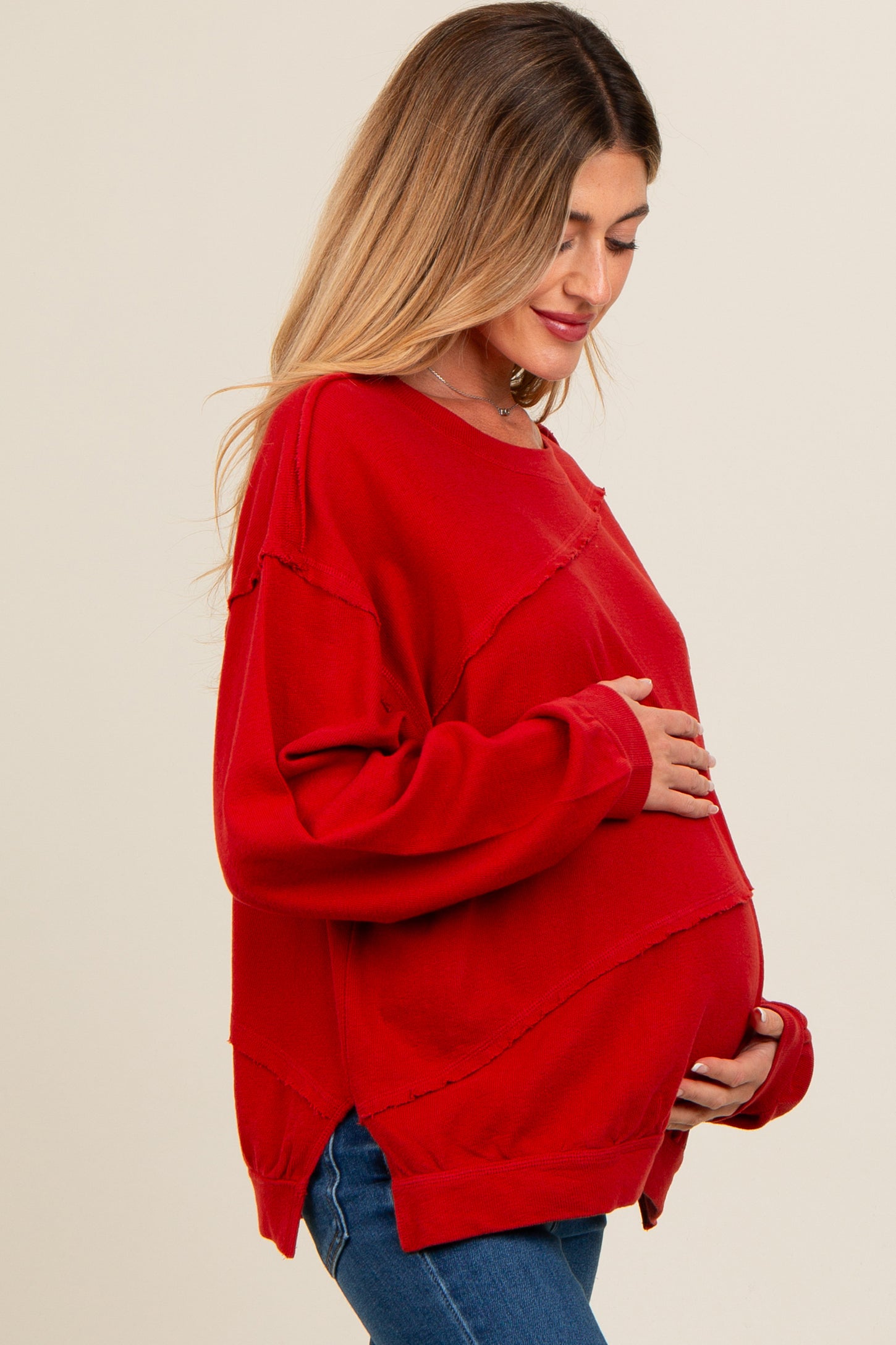 Red Exposed Seam Dolman Sleeve Maternity Sweatshirt
