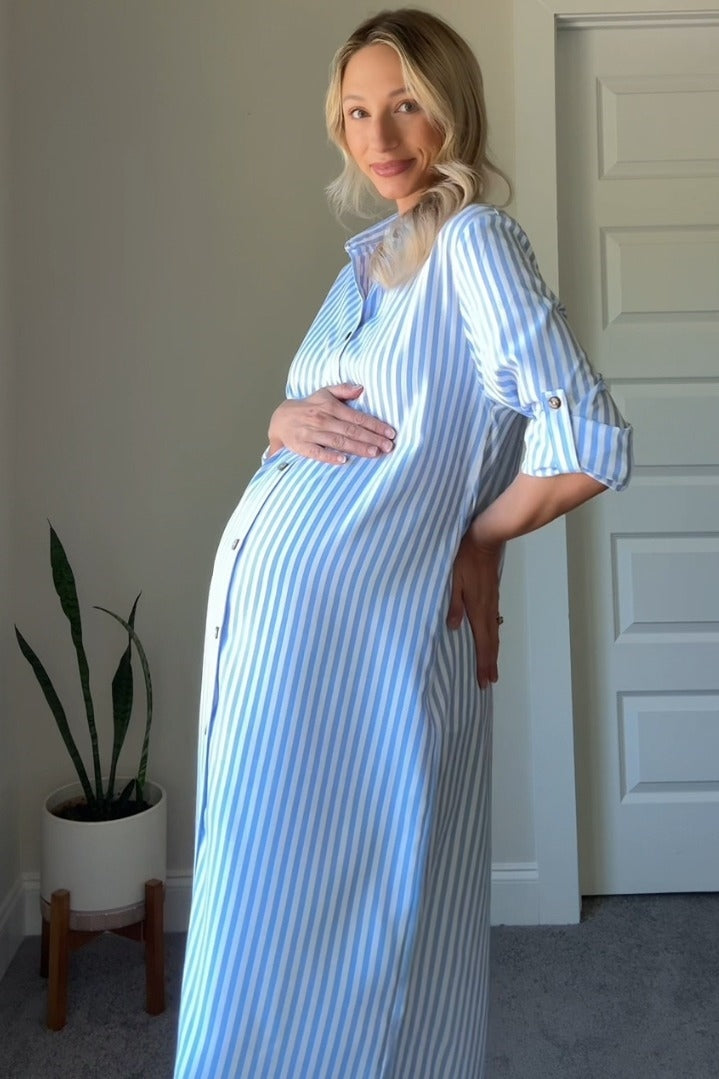 blue striped maternity dress Freya Maternity Tiered Cotton Shirt Dress In Blue Stripe