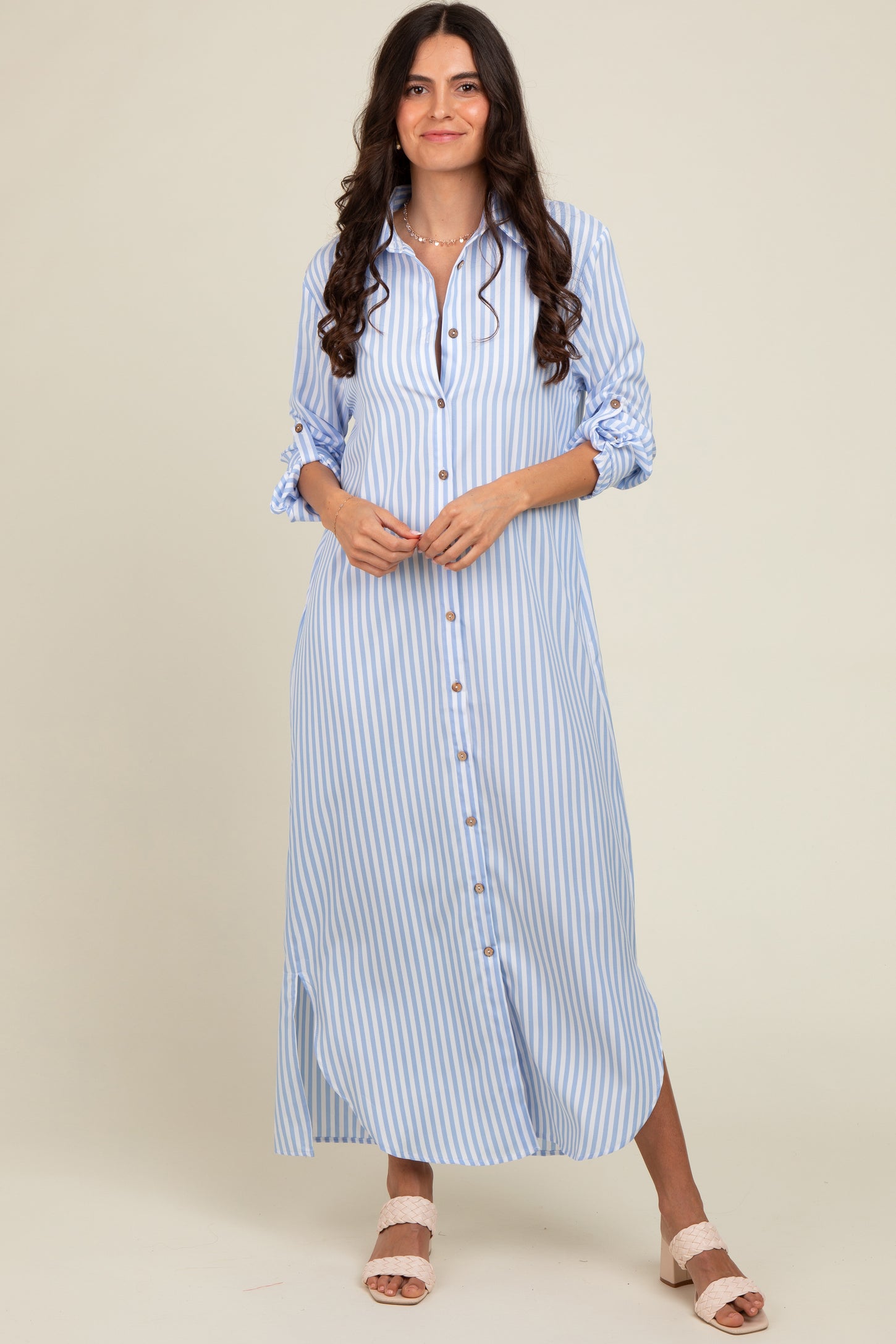 Light Blue Striped Button Down Maxi Dress PinkBlush Light Blue Striped Button Down Maxi Dress PinkBlush