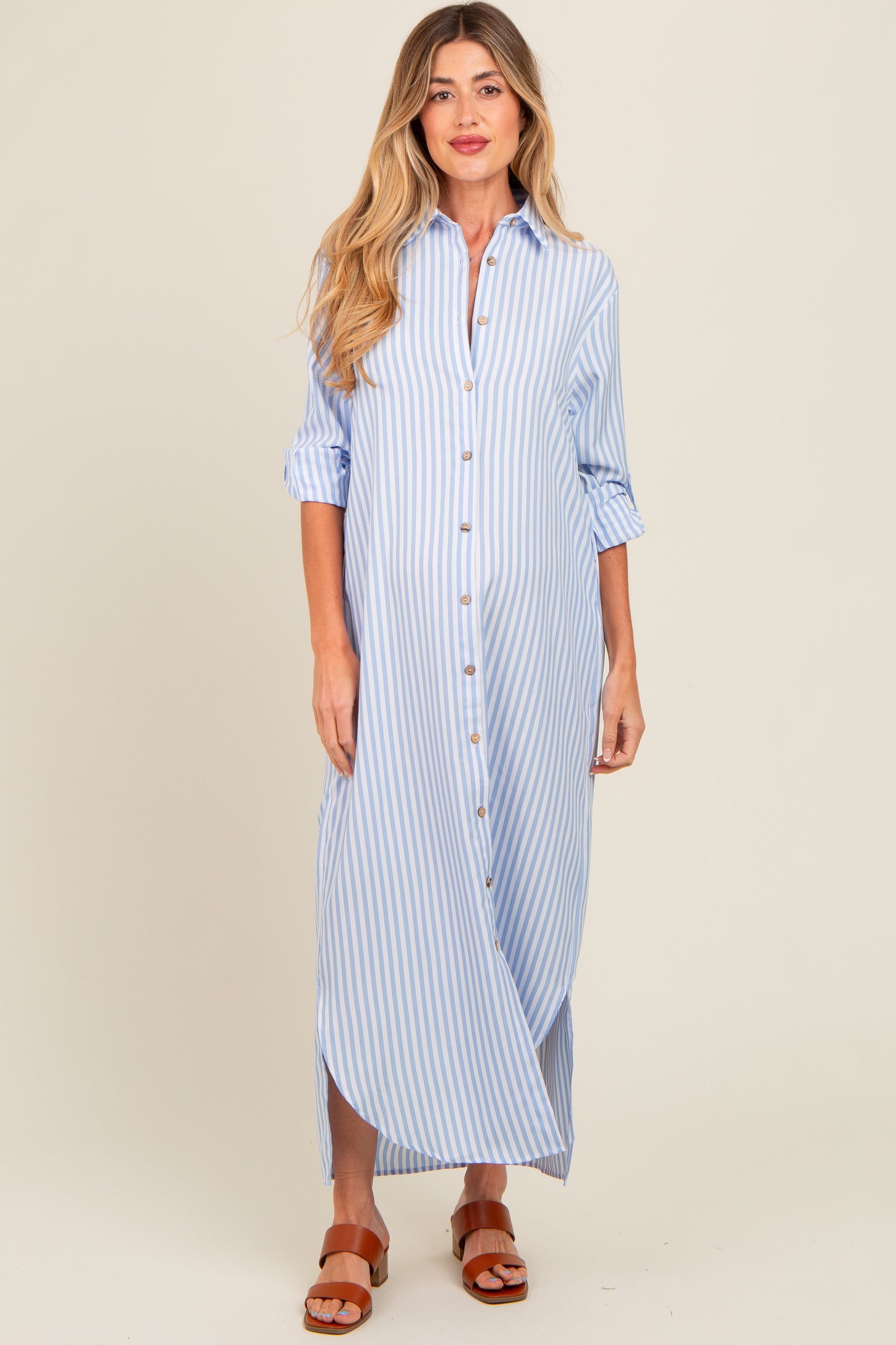 Light Blue Striped Button Down Maternity Maxi Dress – PinkBlush