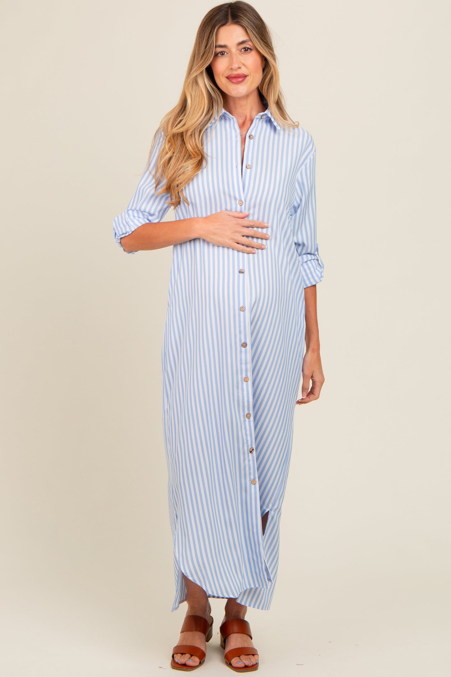 Light Blue Striped Button Down Maternity Maxi Dress Light Blue Striped Button Down Maternity Maxi Dress