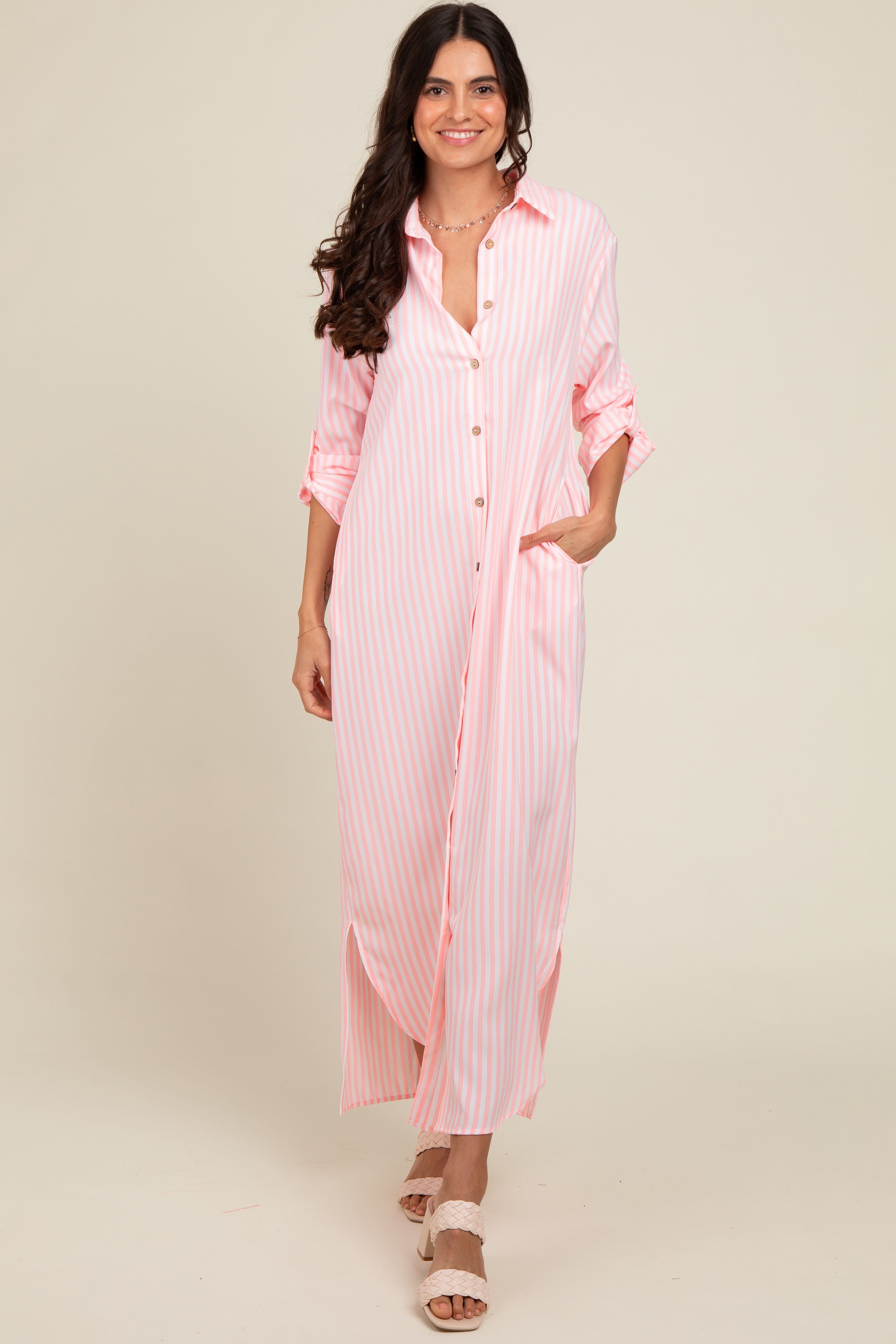 Pink Striped Button Down Maxi Dress Pink Striped Button Down Maxi Dress