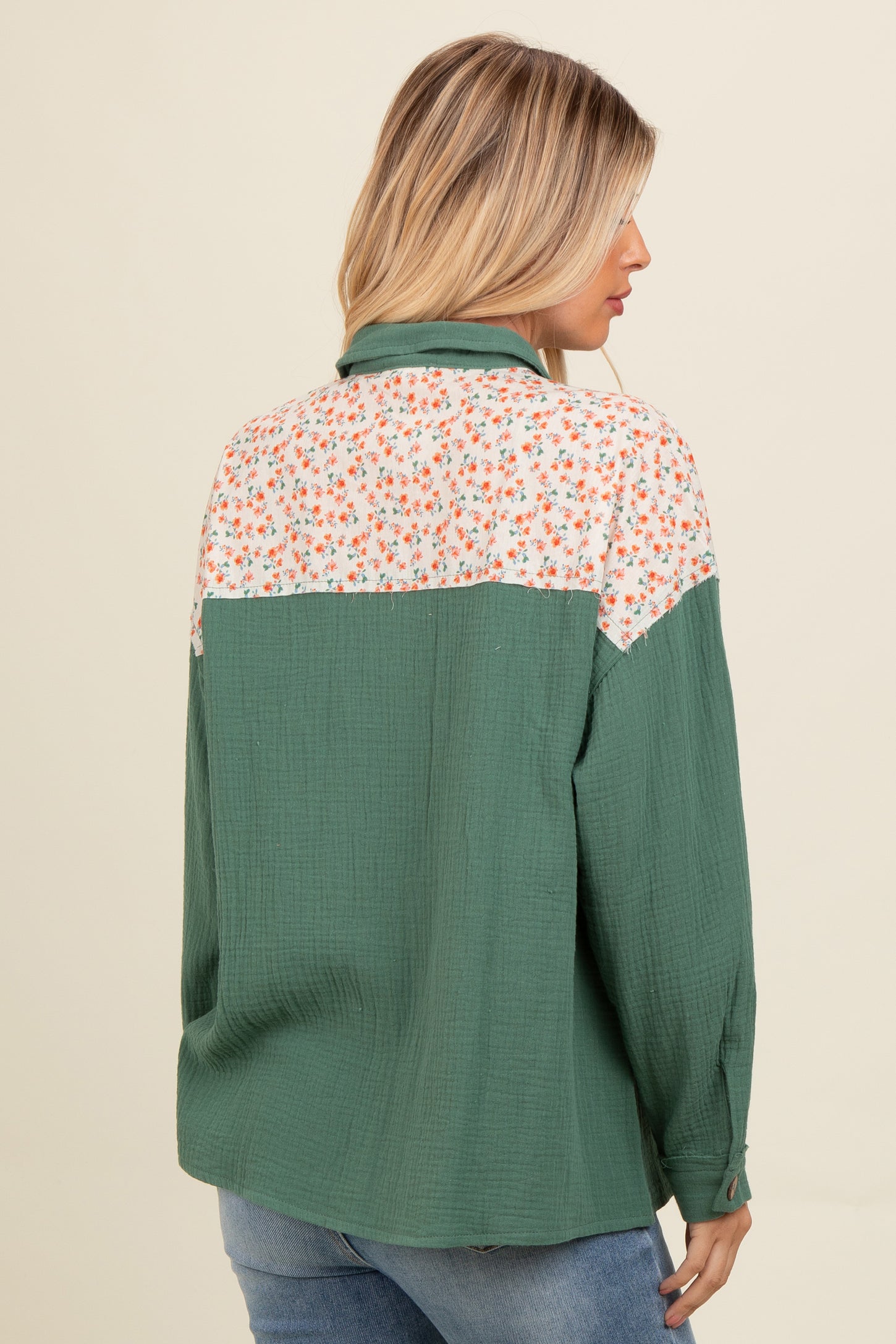 Olive Colorblock Floral Button Down