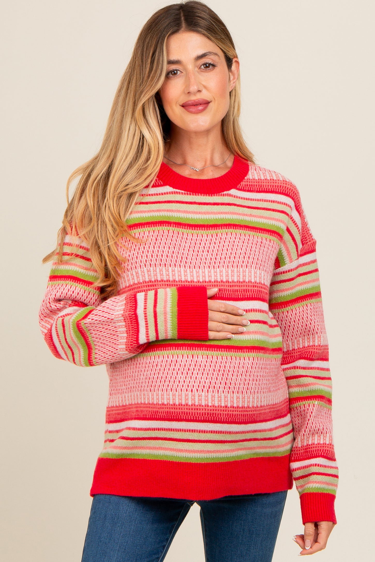 Coral Multi Stripe Crew Neck Maternity Sweater