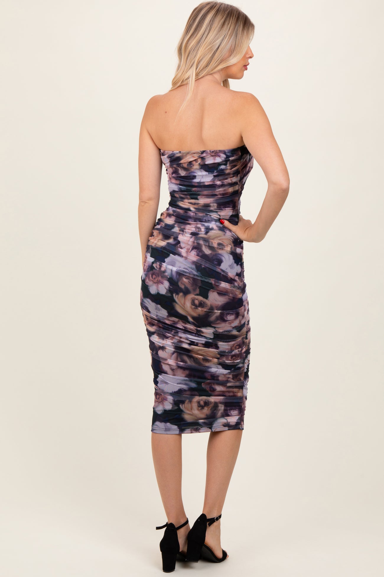satin ruched floral midi dress in navy Petal and Pup Women's Lisbeth Midi Dress
