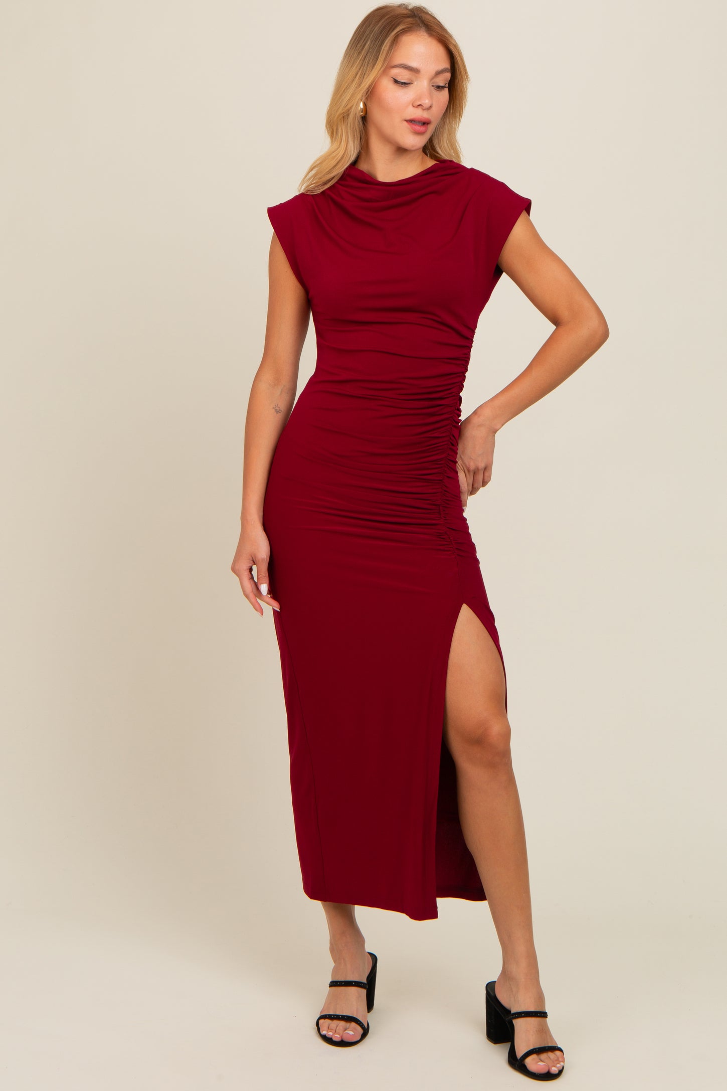 Burgundy Ruched Mock Neck Slit Midi Dress PinkBlush Burgundy Ruched Mock Neck Slit Midi Dress PinkBlush