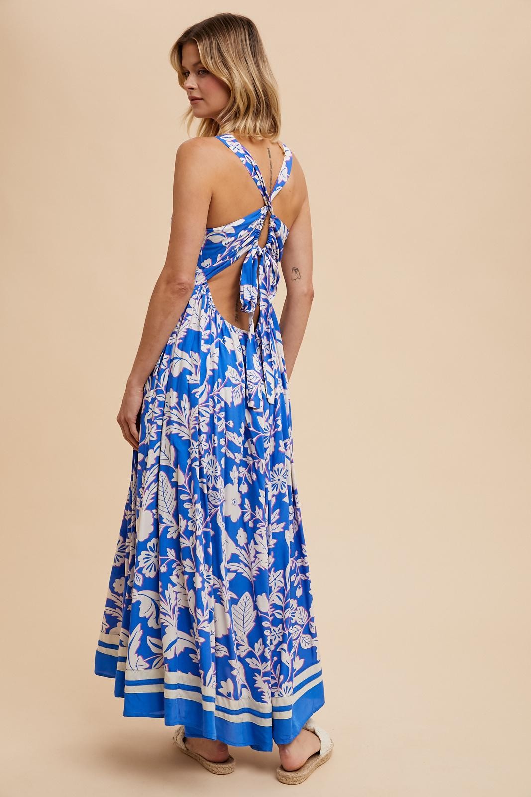 Blue Floral Cutout Back Tie Maxi Dress – PinkBlush
