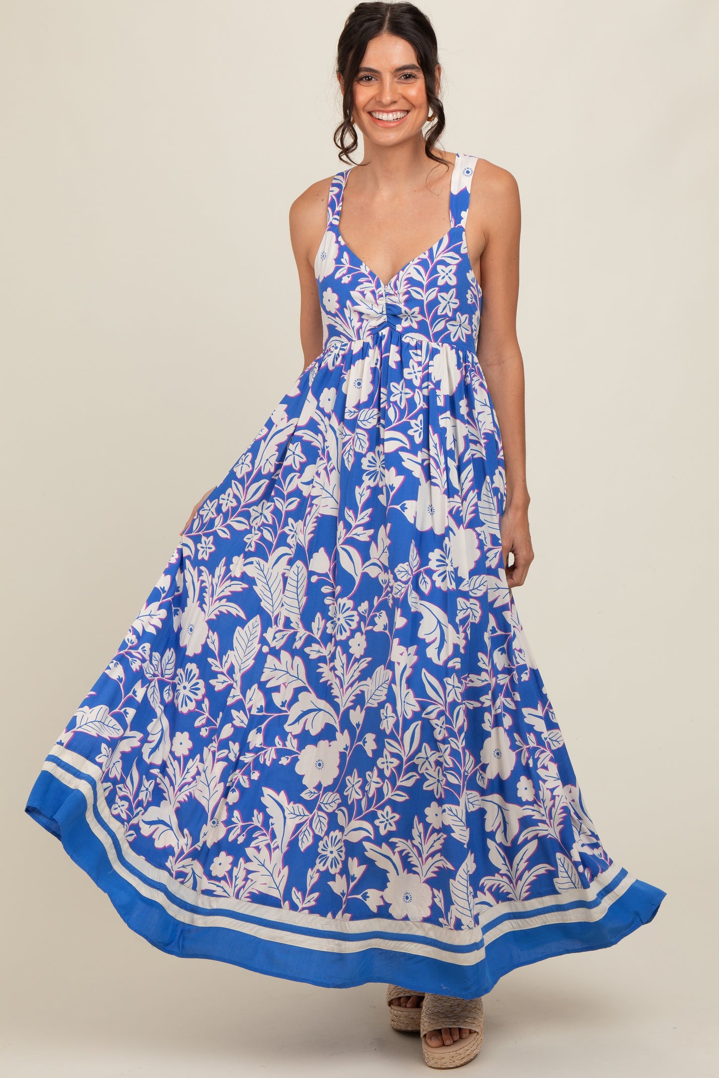 Blue Floral Cutout Back Tie Maxi Dress