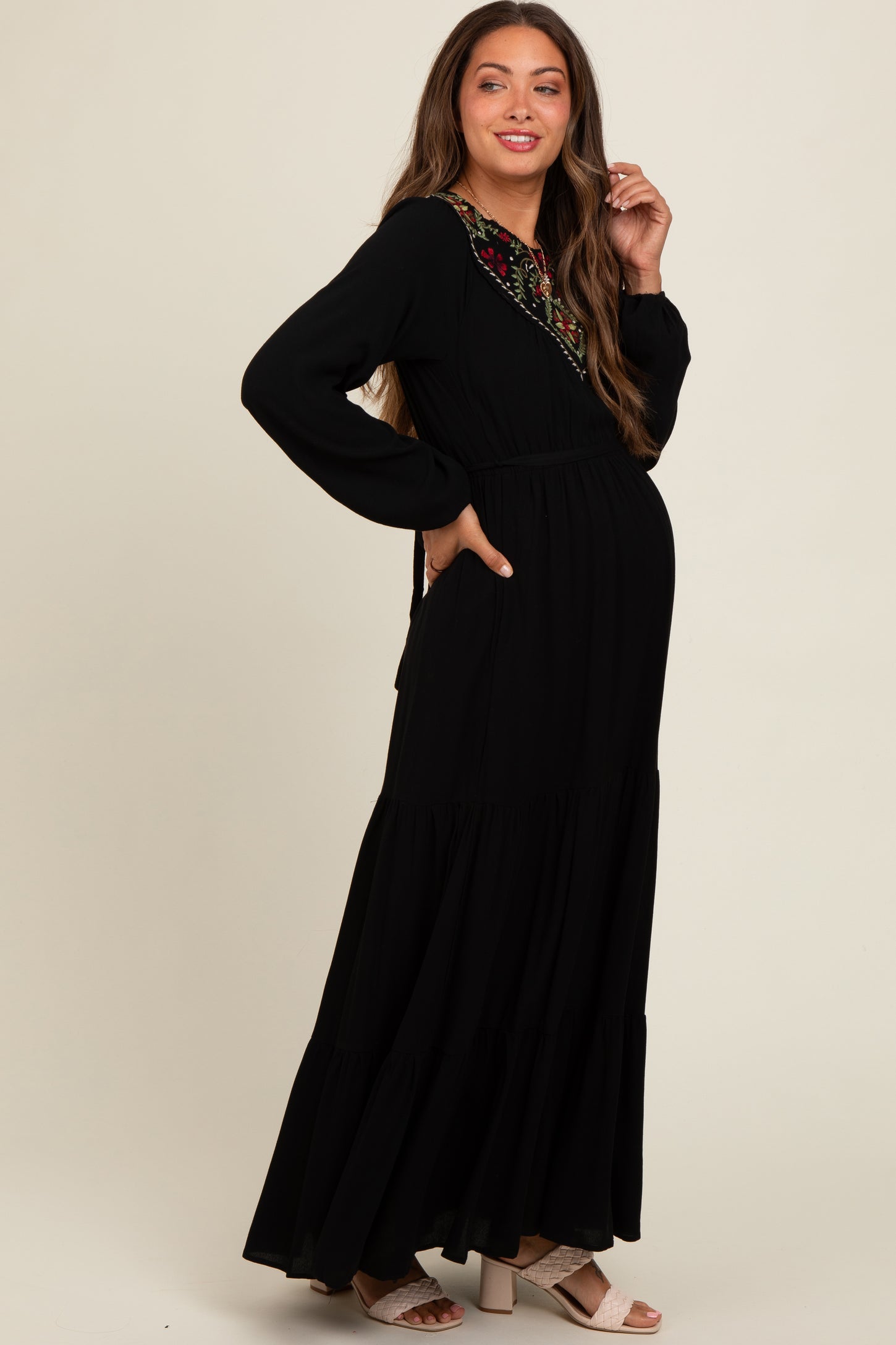 Black Embroidered Maternity Tiered Maxi Dress PinkBlush Black Embroidered Maternity Tiered Maxi Dress PinkBlush