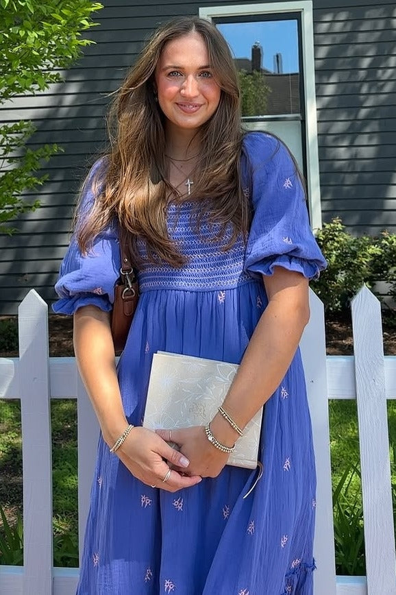 Royal Blue Gauze Smocked Embroidered Square Neck Midi Dress PinkBlush Royal Blue Gauze Smocked Embroidered Square Neck Midi Dress PinkBlush