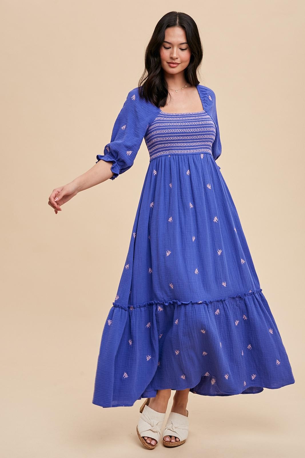 Royal Blue Gauze Smocked Embroidered Square Neck Maternity Midi Dress PinkBlush Royal Blue Gauze Smocked Embroidered Square Neck Maternity Midi Dress PinkBlush