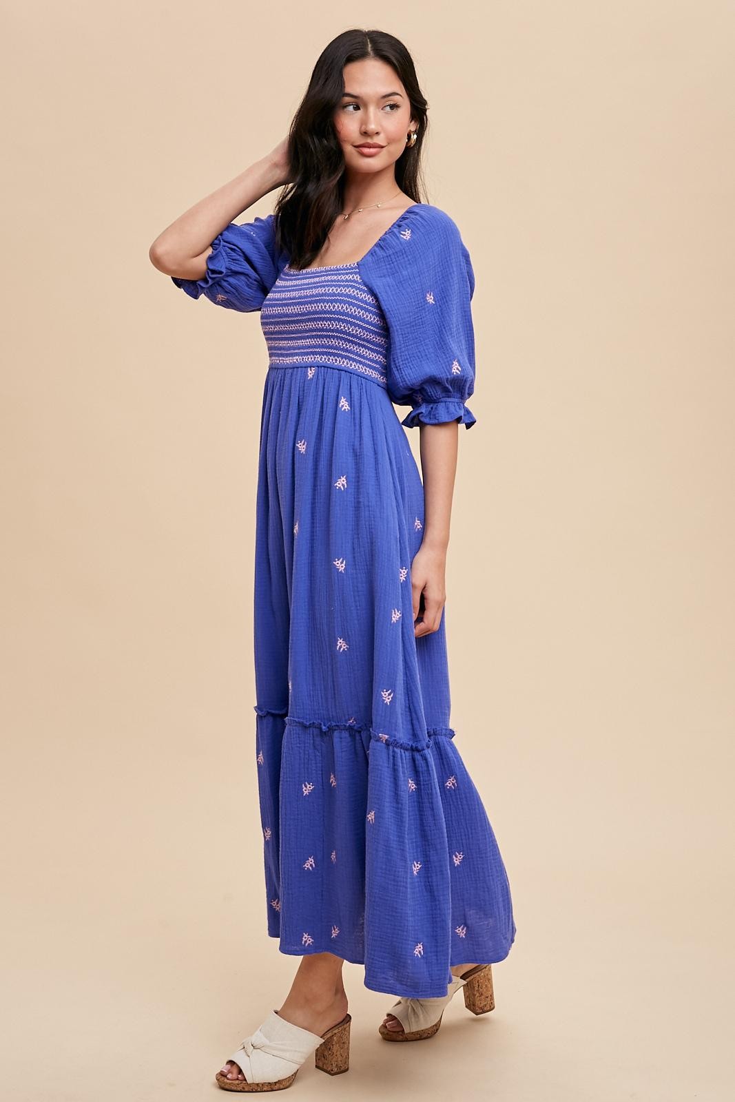 Royal Blue Gauze Smocked Embroidered Square Neck Midi Dress PinkBlush Royal Blue Gauze Smocked Embroidered Square Neck Midi Dress PinkBlush