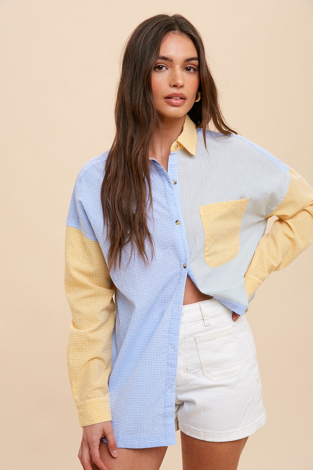 Yellow Colorblock Gingham Maternity Button Down Top
