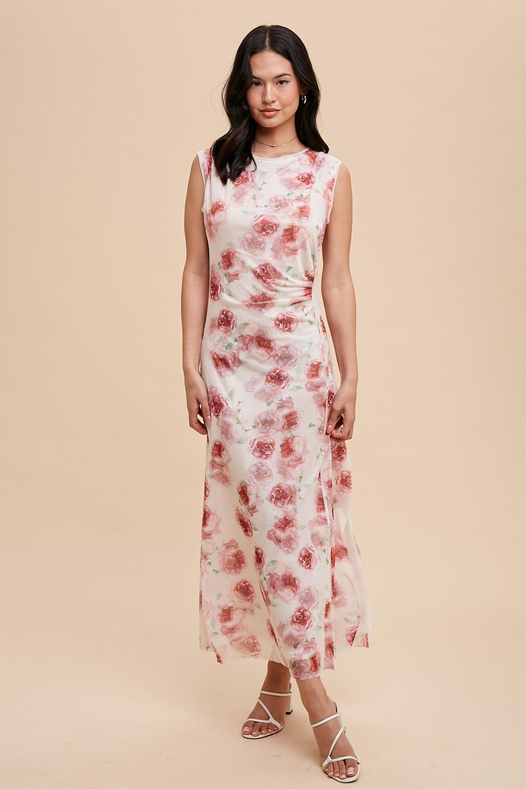 rose print mesh dress Clothing: Maxi Dresses: 'Calista' Cream Rose Print Mesh Maxi Dress