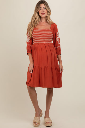 Rust Smocked Embroidered Damask Maternity Dress