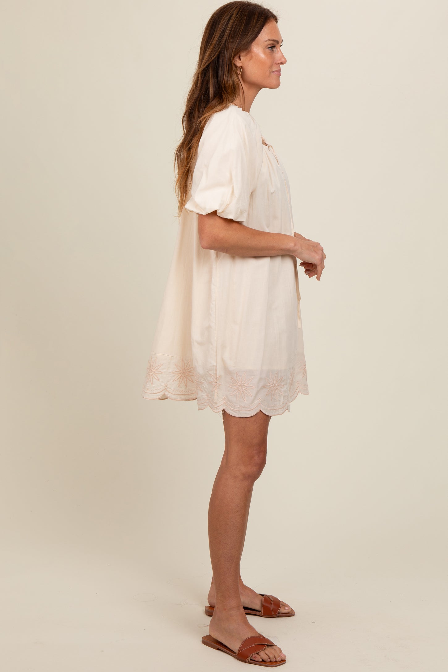 Cream Embroidered Puff Sleeve Dress