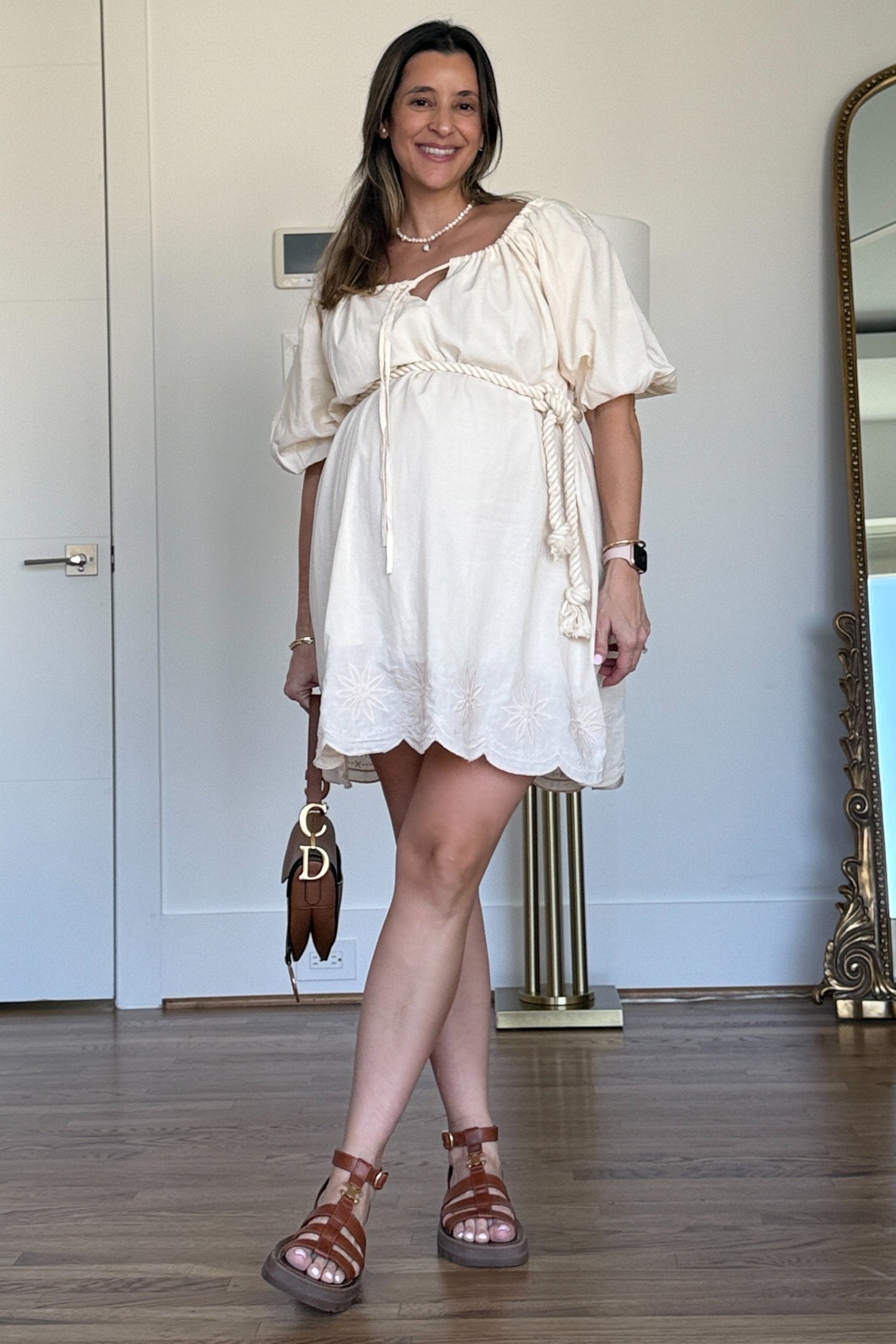 Cream Embroidered Puff Sleeve Maternity Dress