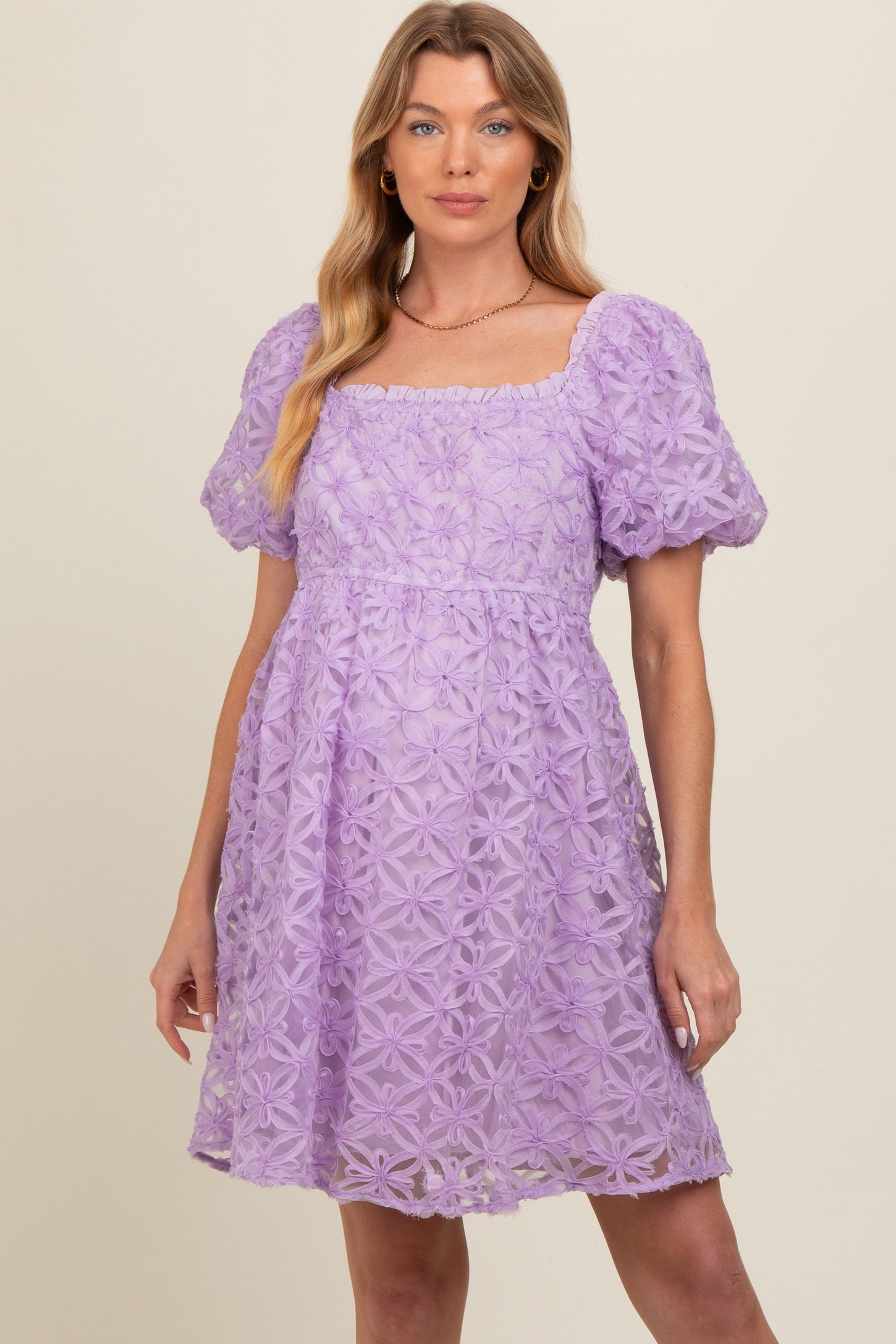 Lavender Floral Mesh Lace Puff Sleeve Maternity Dress PinkBlush Lavender Floral Mesh Lace Puff Sleeve Maternity Dress PinkBlush