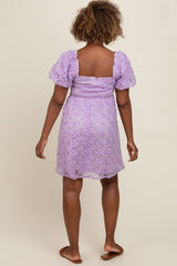 Lavender Floral Mesh Lace Puff Sleeve Dress