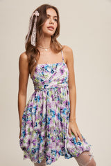 Lavender Front Twist Flower Print Bubble Skirt Mini Dress