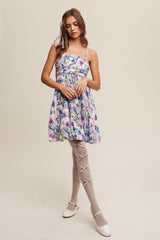 Lavender Front Twist Flower Print Bubble Skirt Mini Dress