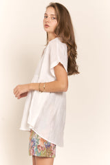 White Button Down Short Sleeve Loose Fit Blouse