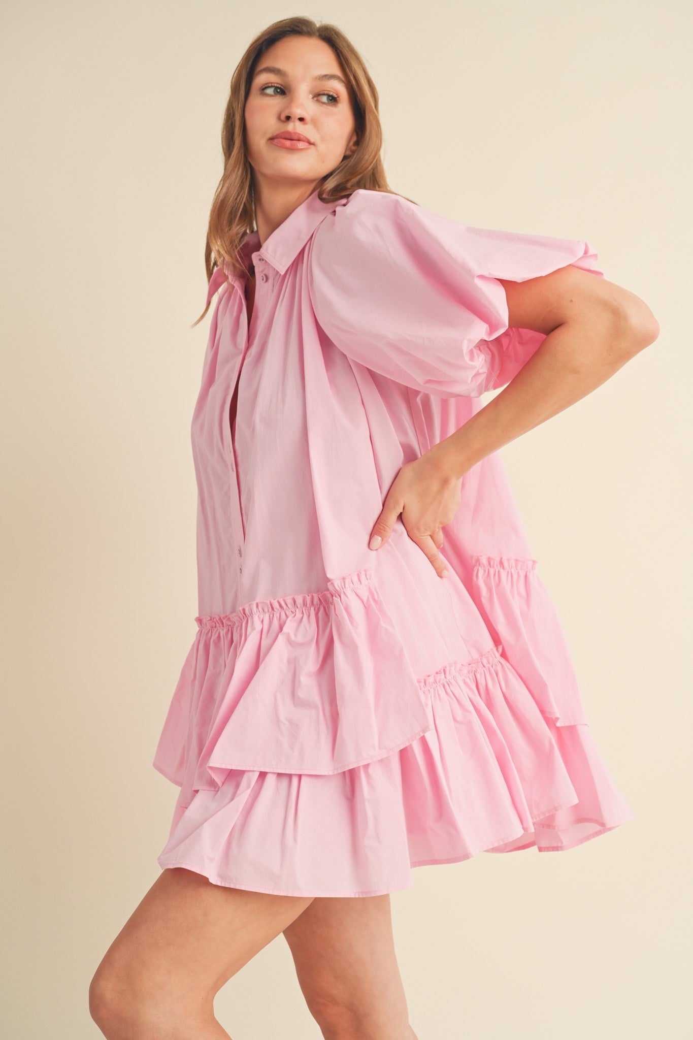 Cool Pink Bubble Sleeve Button Down Babydoll Dress – PinkBlush Cool Pink Bubble Sleeve Button Down Babydoll Dress – PinkBlush