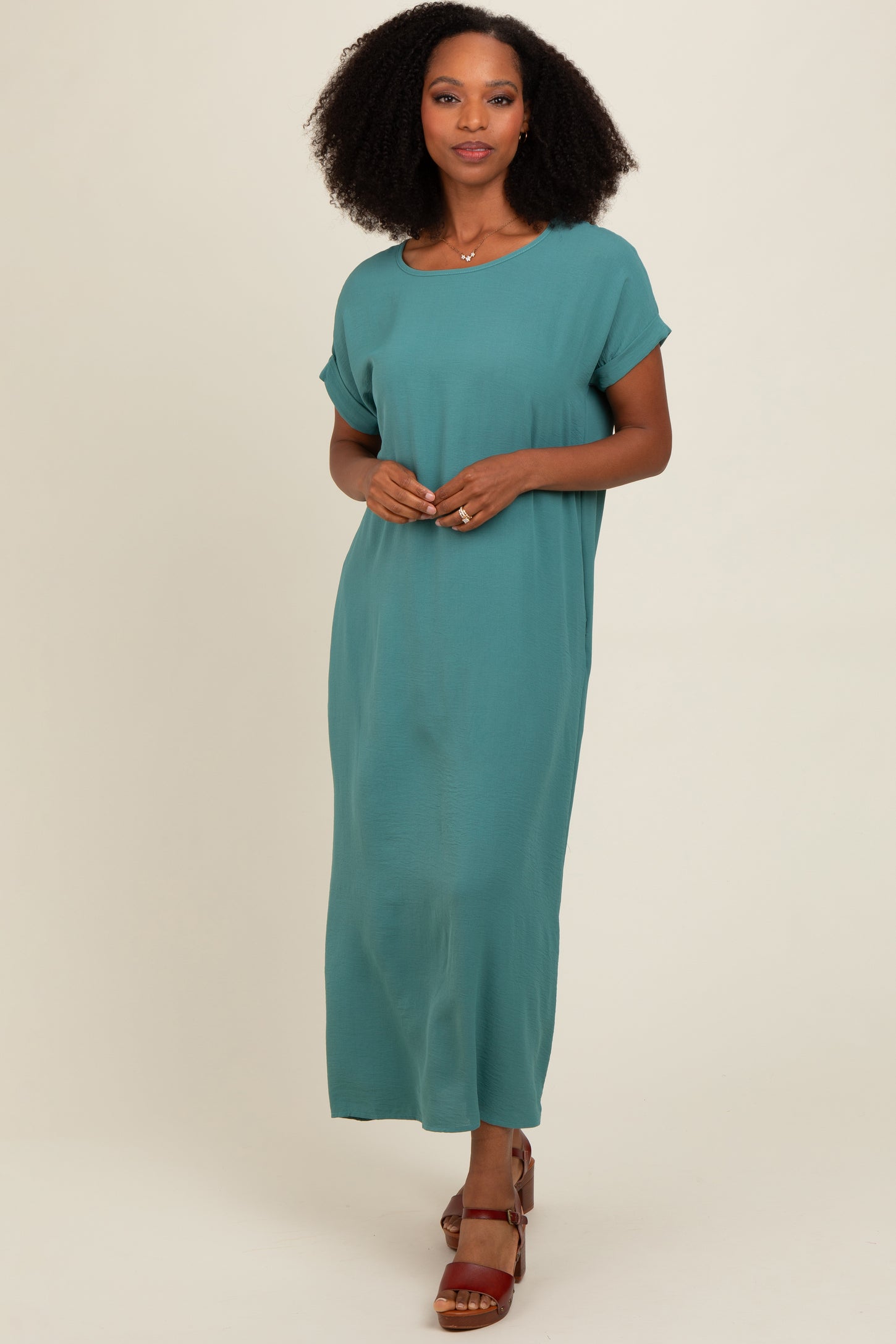 Teal Rolled Cuff Midi Dress