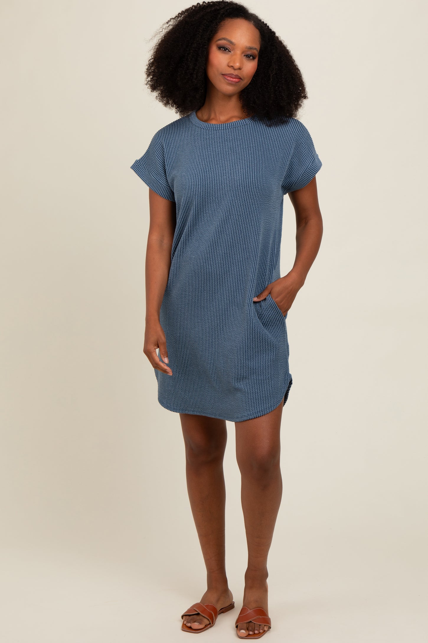 Blue Ribbed Round Hem Maternity Dress