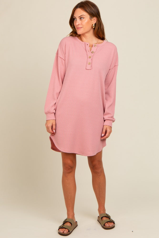 Mauve Ribbed Button Accent Dress
