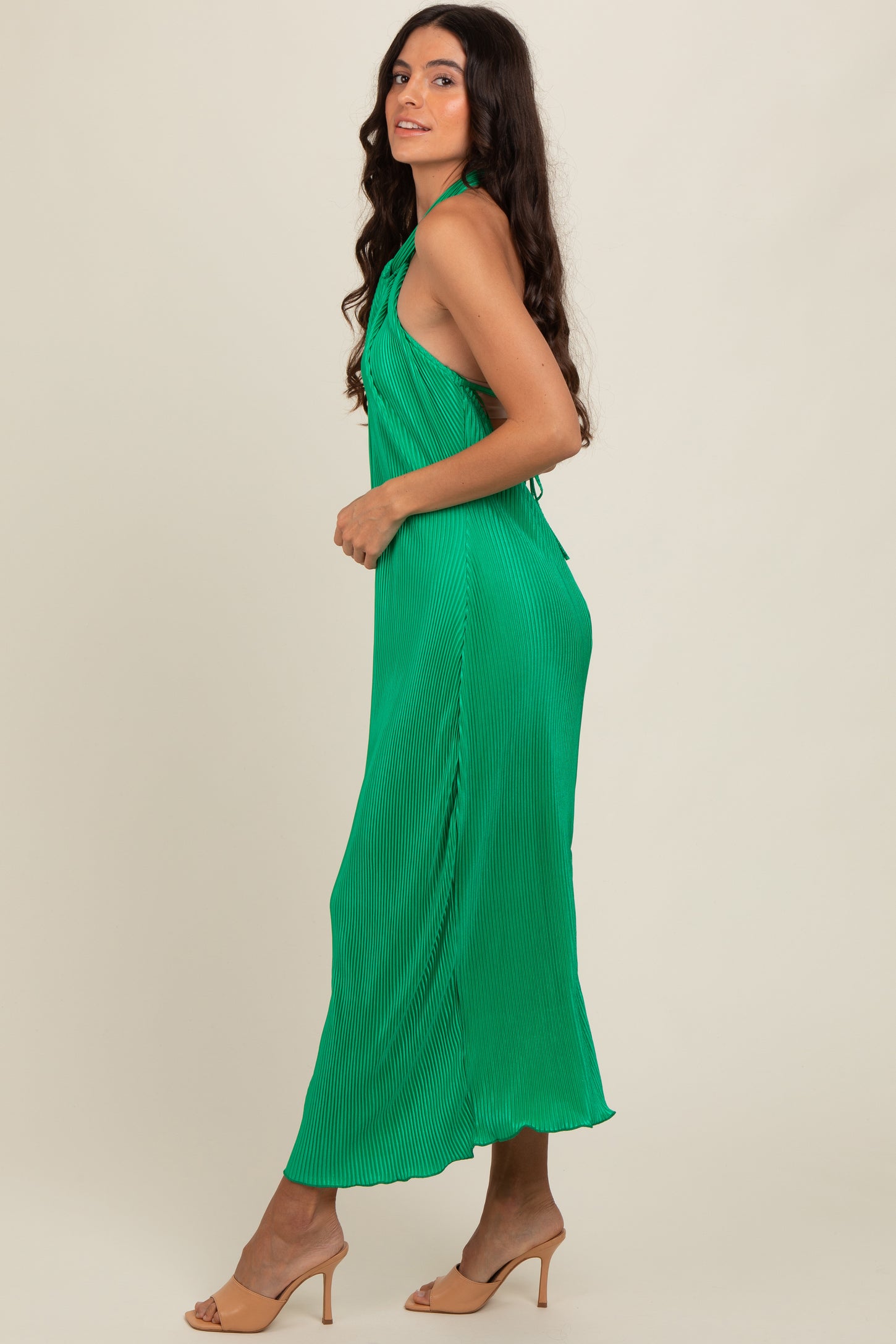 Green Knot Front Plisse Halter Midi Dress PinkBlush Green Knot Front Plisse Halter Midi Dress PinkBlush