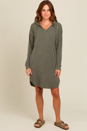Olive Ribbed Hoodie Dress