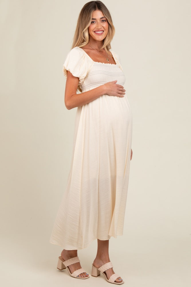 Cream Smocked Puff Sleeve Maternity Maxi Dress – PinkBlush