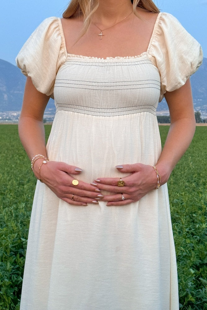 Cream Smocked Puff Sleeve Maternity Maxi Dress – PinkBlush