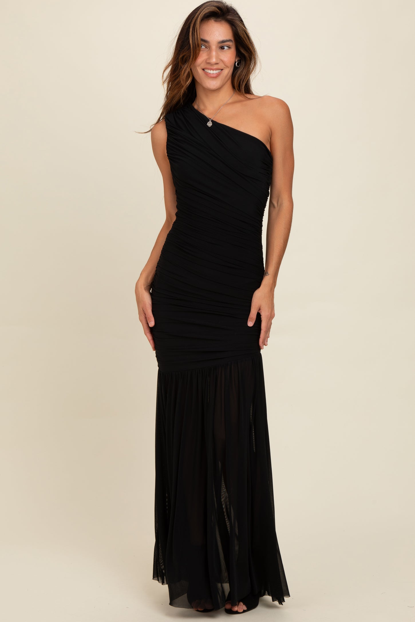 Black Ruched Mesh One Shoulder Maxi Dress PinkBlush Black Ruched Mesh One Shoulder Maxi Dress PinkBlush
