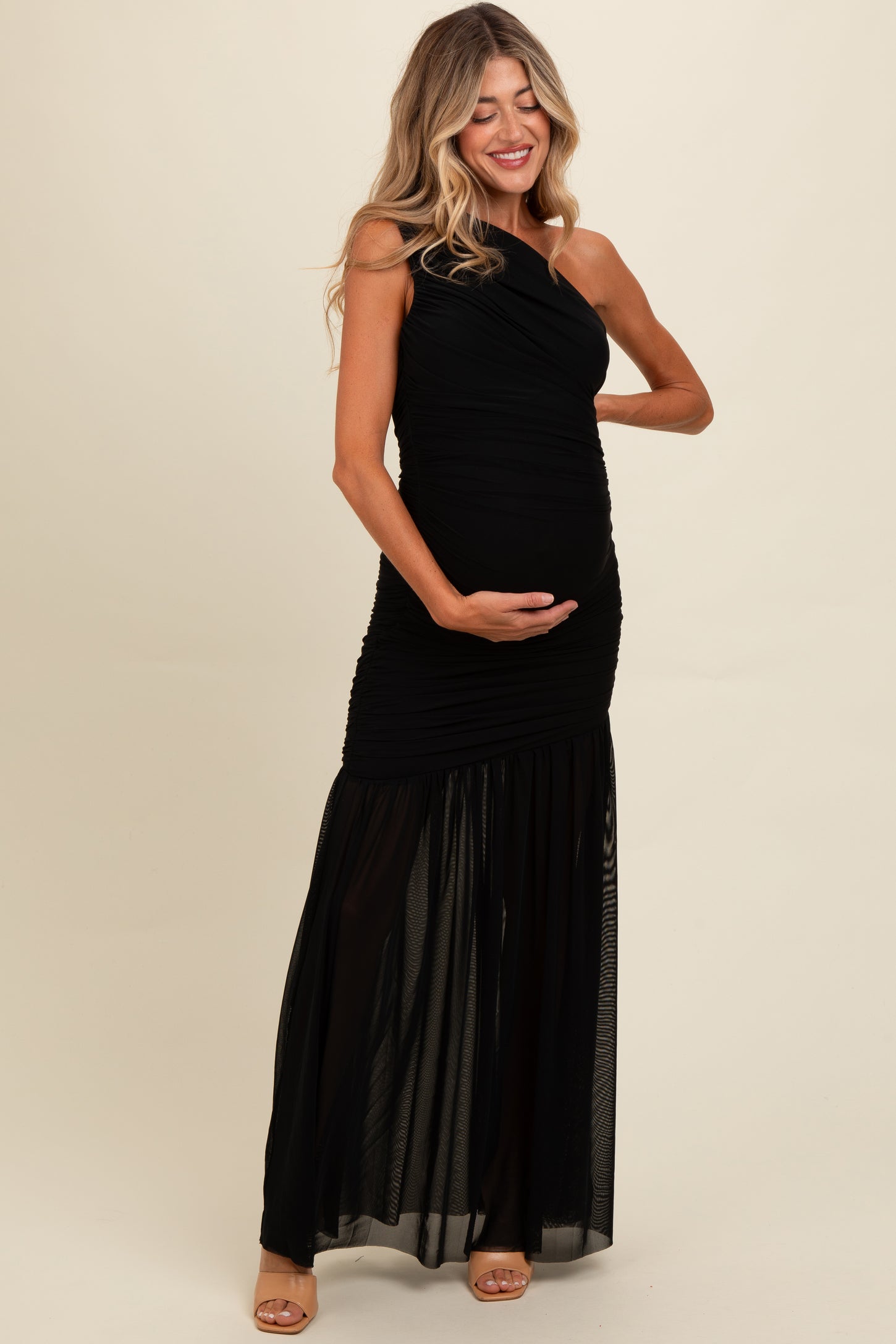 Black Ruched Mesh One Shoulder Maternity Maxi Dress – PinkBlush