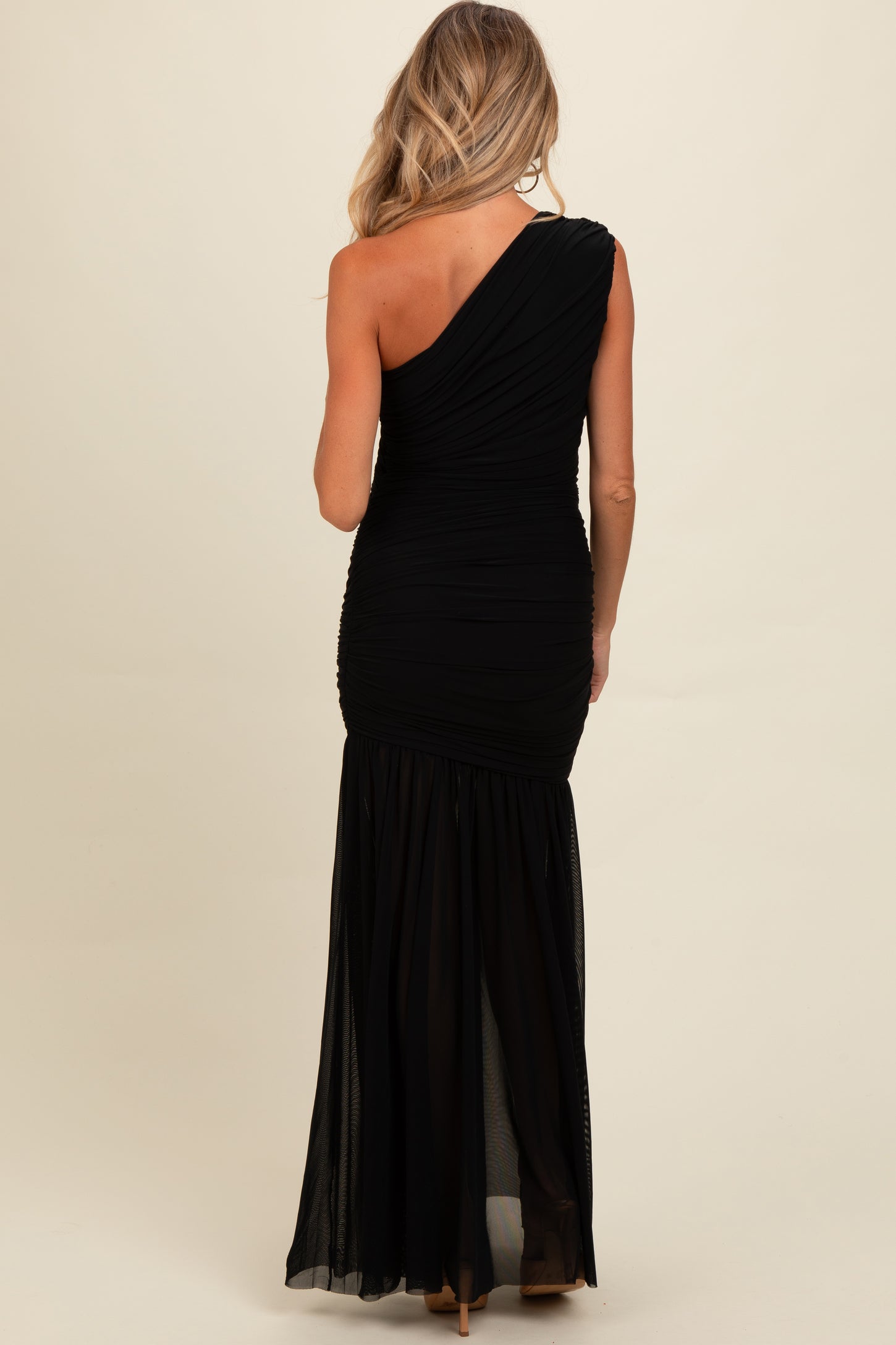 Black Ruched Mesh One Shoulder Maternity Maxi Dress Black Ruched Mesh One Shoulder Maternity Maxi Dress