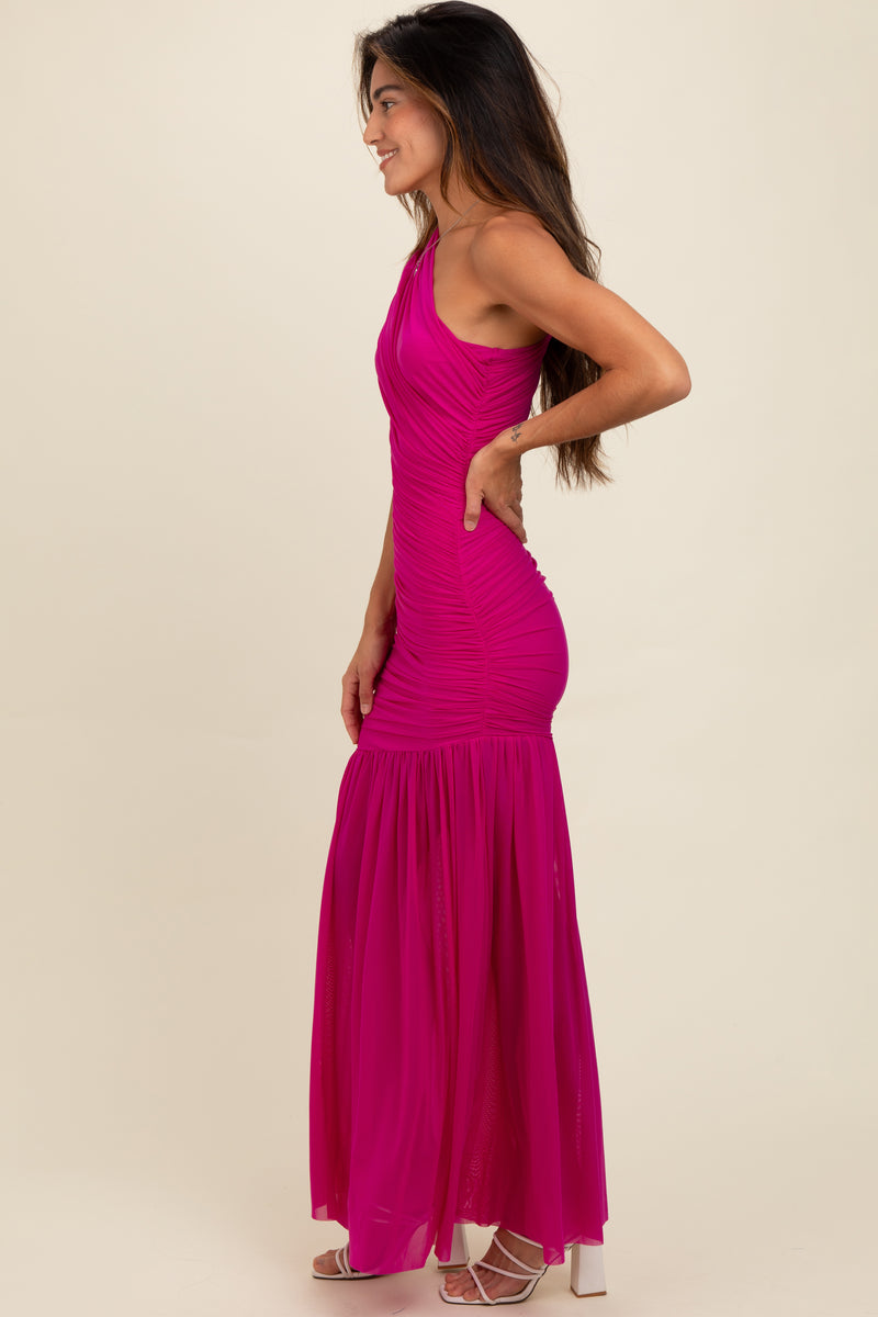 magenta one shoulder dress Magenta Ruched Mesh One Shoulder Maxi Dress