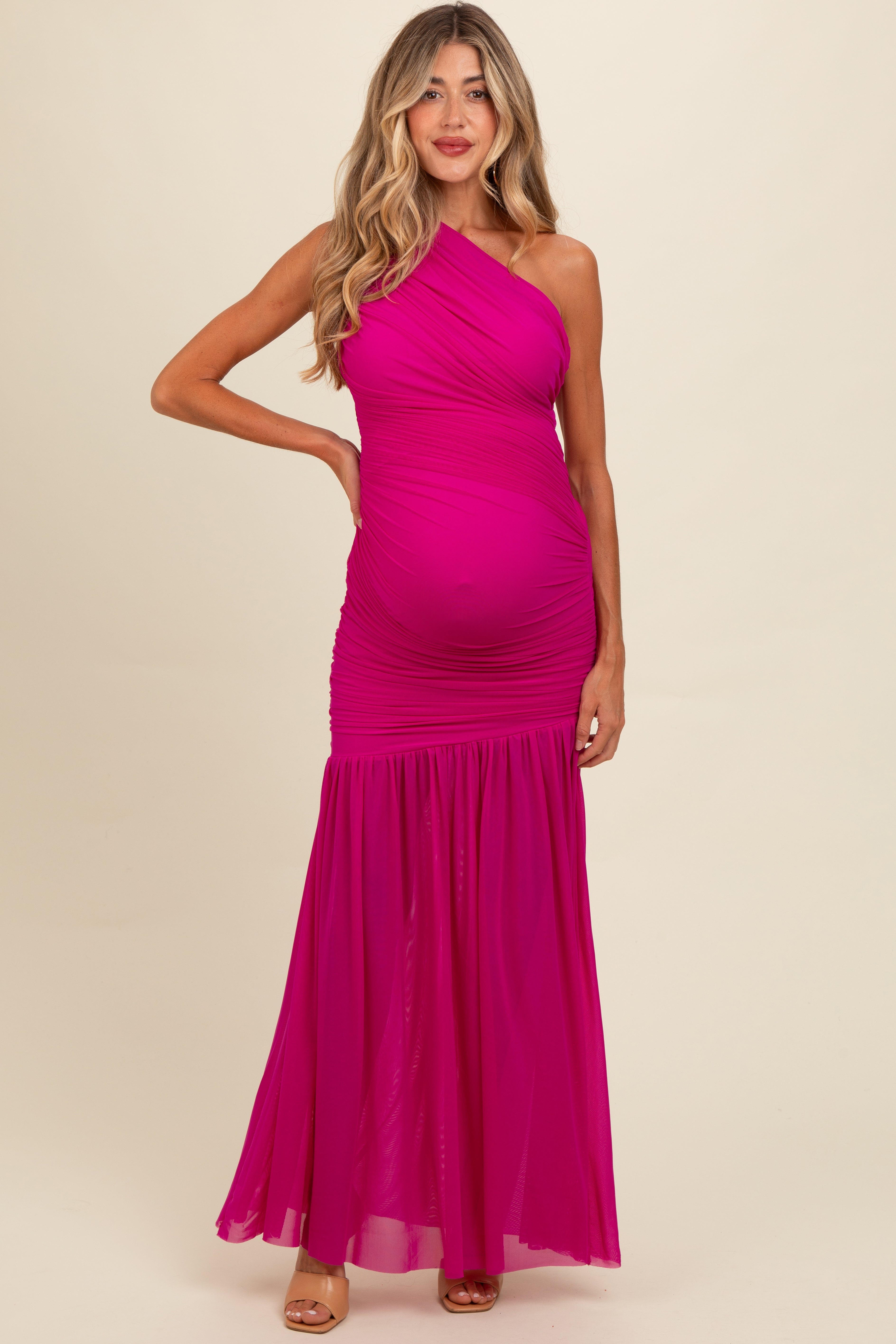 pinkblush maternity dresses Magenta Ruched Mesh One Shoulder Maxi Dress – or photoshoots—just add your Size:6 years old floral crochet VENUS Tank Maxi Dress