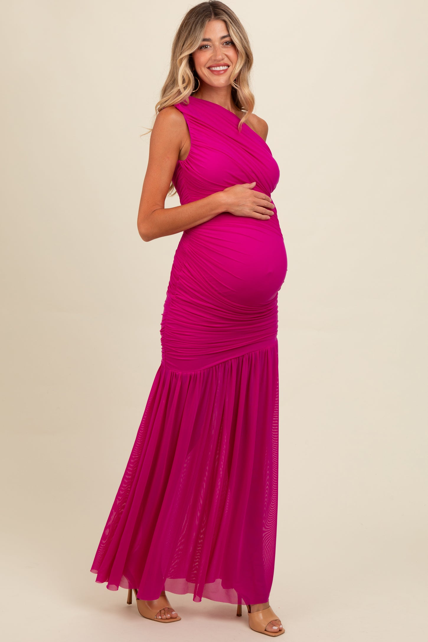 Magenta Ruched Mesh One Shoulder Maternity Maxi Dress PinkBlush Magenta Ruched Mesh One Shoulder Maternity Maxi Dress PinkBlush