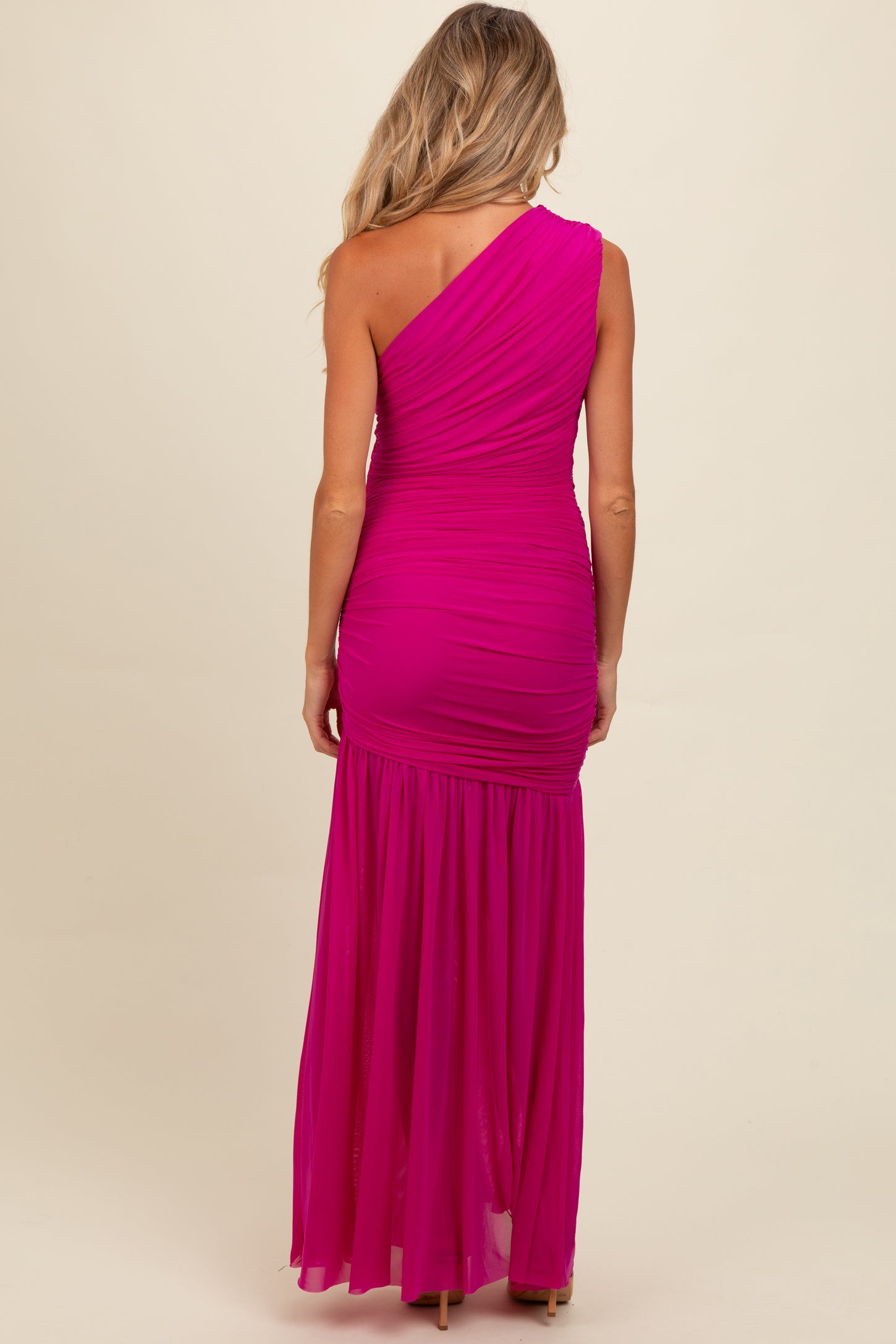 Magenta Ruched Mesh One Shoulder Maternity Maxi Dress Magenta Ruched Mesh One Shoulder Maternity Maxi Dress