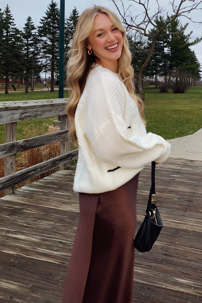 Ivory Striped Mixed Cable Knit Sweater