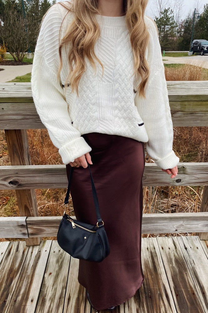 Ivory Striped Mixed Cable Knit Sweater