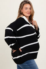 Black Striped Collared Maternity Plus Sweater
